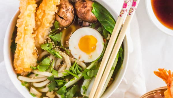 Tempura Egg Miso Udon Noodle Soup Bowl