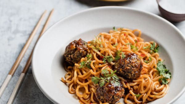 Vegan Meatballs and Noodles with Sweet Chili Sauce