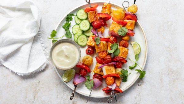 Teriyaki Veggie Skewers with Creamy Tofu Garlic Ginger Dip