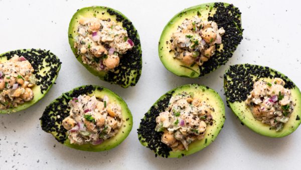 Wasabi Seaweed Chickpea Salad Stuffed Avocados