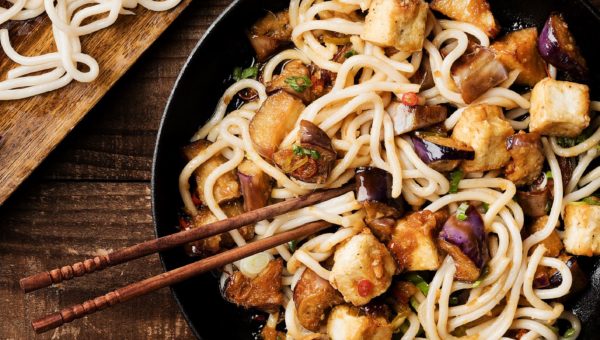 Crispy Tofu and Eggplant Udon Stir-Fry