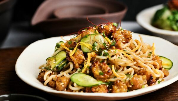 Orange-Teriyaki Glazed Tempeh Crumble Noodle Bowls