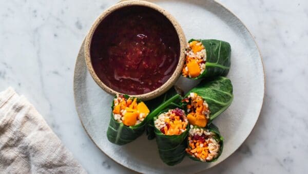 Collard Green Rolls with Orange Cranberry Sauce